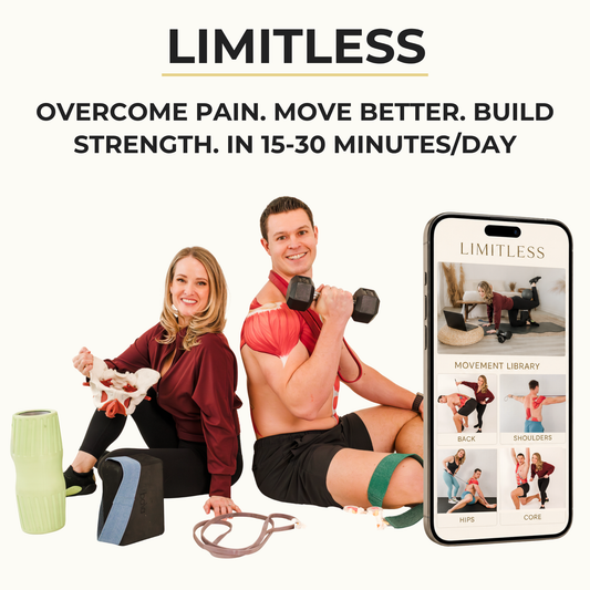Promotional graphic for the LIMITLESS app featuring a man and woman exercising on a white background, with dumbbells, resistance bands, and a smartphone displaying the app interface. Large text reads 'LIMITLESS' and 'OVERCOME PAIN.